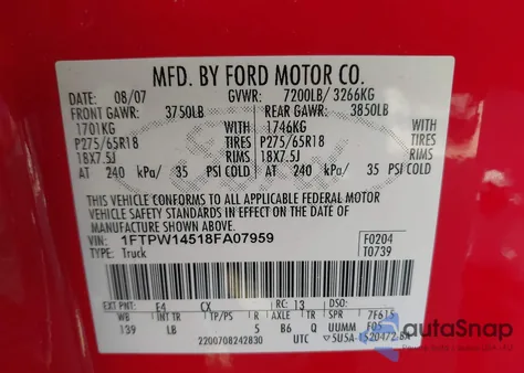 2008 Ford F-150 Fx4 from USA, damaged, VIN 1FTPW14518FA07959